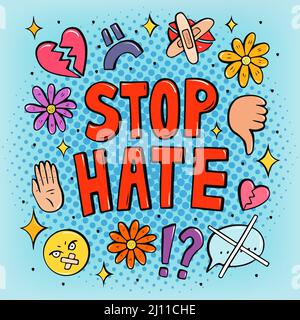 Stop Hate pop art poster with emojis, stop hating hand drawn vector illustration in retro comic style Stock Vector