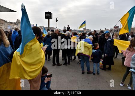 Marseille, France. 19th Mar, 2022. Protesters Hold Flags During The 