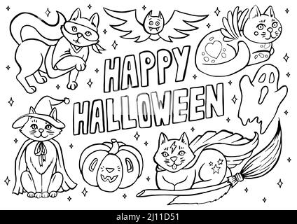 Happy Halloween coloring page with cats in costumes and spooky objects, hand drawn cute Halloween coloring sheet Stock Vector