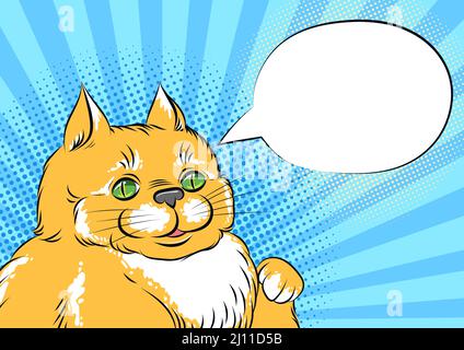 Cute fat cat pointing on empty speech bubble, pop art comic style illustration. Hungry funny cat Stock Vector