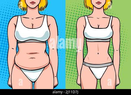 Woman weight loss before and after front view in linen, fat loss vector illustration in pop art retro comics style Stock Vector