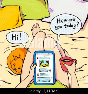 Casual woman lying in bed and chatting with her friends on social networks, freelance vector illustration in pop art comic style Stock Vector