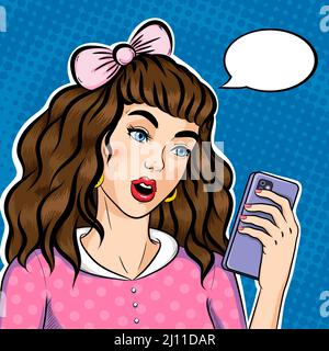 Pop art young woman shocked face watching on her mobile phone screen, vector illustration in retro comic style Stock Vector
