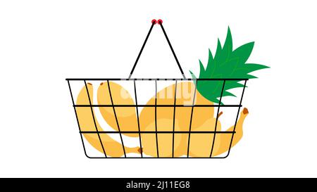 Tropical fruits in shopping basket: mango, banana, pear, pineapple, lemon. Juicy sweet yellow fruits. Vector illustration on a white background. Stock Vector