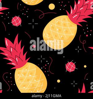 Pineapple seamless pattern. Stylized pineapple on black background. Stock Vector