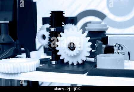 Objects printed on 3d printer made of white plastic close-up. Stock Photo