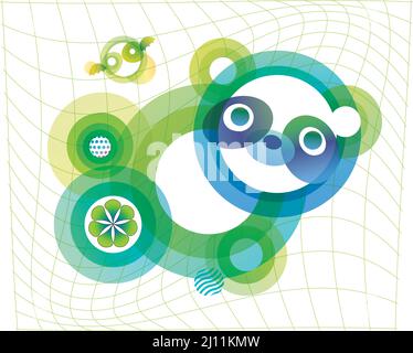 Blue and green cute panda illustration and batman in gradient circles. Graphic elements Stock Vector