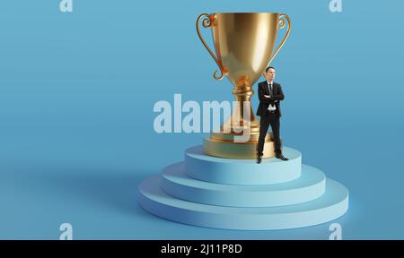 Asian businessman standing in front of gold winner cup. Gold trophy on top of stairway. Isolated on blue background. 3D render. Stock Photo