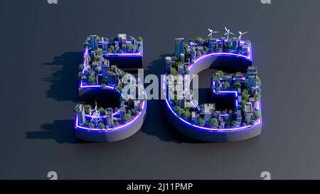 3D render of 5G with commercial building and green landscape in blue purple light. 5G new network connection, High-speed mobile Internet. Stock Photo