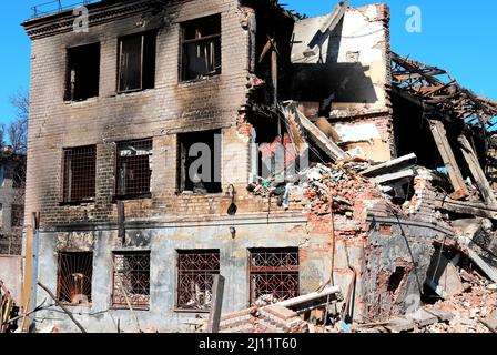 Destroyed and burnt out civilian building after rocket attack of Russian plane in Ukrainian city Dnipro. Russia war in Ukraine, shelling, destruction Stock Photo
