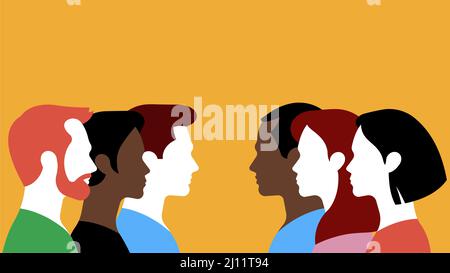 Two groups of people facing each other. Silhouettes of different men and women on a yellow background. Vector illustration with copy space. Stock Vector