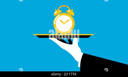 Time management concept. The waiter offers alarm clock on tray. The concept of time, value of time and priority. Vector illustration in modern flat st Stock Vector