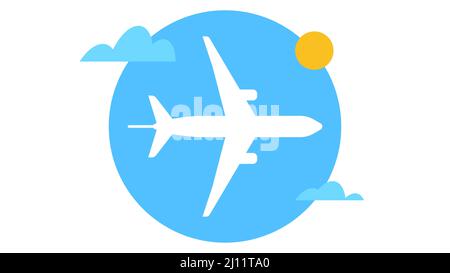 Airplane flying high in the sky. Airplane, sun and clouds icon. Vector modern illustration. Concept of flight, adventure, air travel. Stock Vector
