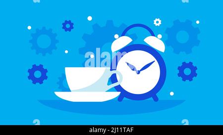 Morning, alarm clock, cup of coffee and gears. The concept of good morning, time management, planning, the beginning of the day, work capacity. Stock Vector