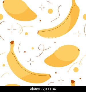 Tropical fruit pattern: mango with banana and decor. Yellow seamless vector pattern. Stock Vector