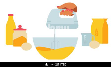 Baking dough preparation - the hand whips the mass with mixer.Kitchenware - cups, bowls, rolling pin, scales, jar, mixer and others. Set of products f Stock Vector