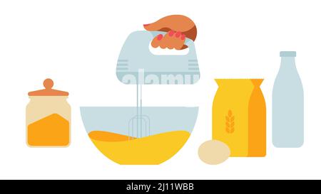 Baking dough - the hand whips the mass with mixer.Kitchenware - cups, bowls, rolling pin, scales, jar, mixer and others. Products for baking - flour, Stock Vector