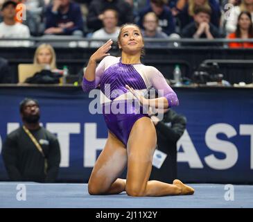 LSU gymnast Aleah Finnegan performs her beam routine during an NCAA ...