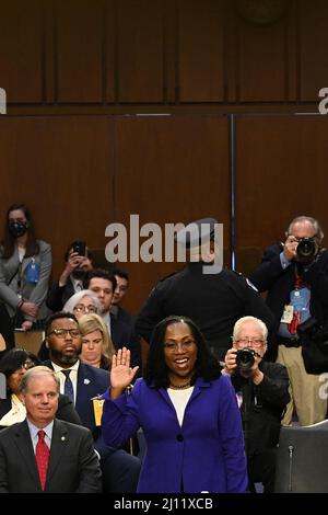 Washington, USA. 21st Mar, 2022. Supreme Court nominee Judge Ketanji Brown Jackson is sworn in during her Senate Judiciary confirmation hearing in Washington, DC, on March 21, 2022. - The US Senate takes up the historic nomination on Monday of Judge Ketanji Brown Jackson to become the first Black woman to sit on the Supreme Court. (Photo by MANDEL NGAN/POOL/Sipa USA) Credit: Sipa USA/Alamy Live News Stock Photo
