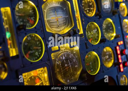 A close-up of control panels of the Concorde G-BOAF (Alpha Foxtrot) at Aerospace Bristol at Filton Airfield, Bristol, England. Stock Photo