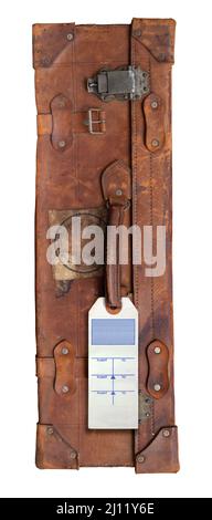 Retro Vintage Old Brown Suitcase With A Blank Luggage Tag Or Label, Isolated On A White Background Stock Photo