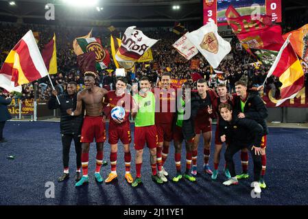 20th March 2022 : Stadio Olimpico, Rome, Italy; Serie A football, AS Roma versus Lazio; players of AS Roma celebrate the victory at the end of the match Stock Photo