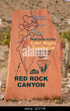 Late Night Trailhead marker, Red Rock Canyon National Conservation Area, Nevada Stock Photo
