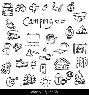 camping and hiking elements illustration vector hand drawn isolated on white background line art. Stock Vector