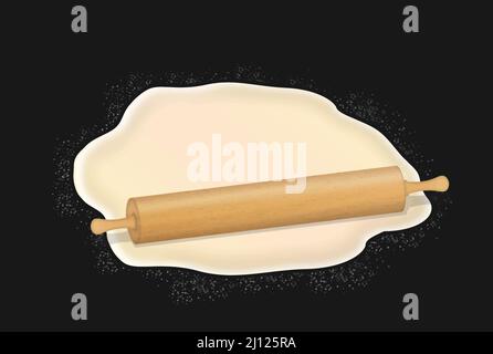 Rolling pin and pastry dough with flour on dark background. Concept design for baking, pizza or bread vector illustration Stock Vector