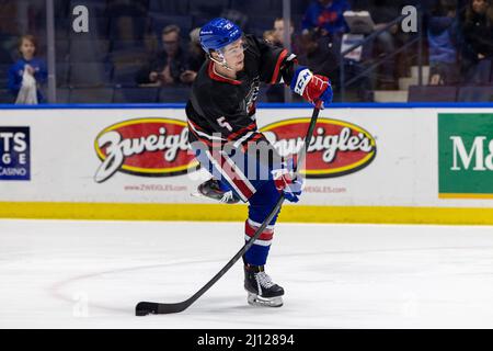 March 18, 2022: Rochester Americans defenseman Oskari Laaksonen (2) wears a  local high school jersey while taking warmups prior to a game against the Cleveland  Monsters.The Rochester Americans hosted the Cleveland Monsters