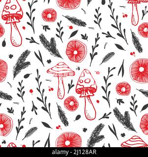 Mushroom caps, berries, fir branches, fir needles leaves for printing, fabric, textile, manufacturing, wallpapers. Hand drawn seamless vector pattern. Stock Vector