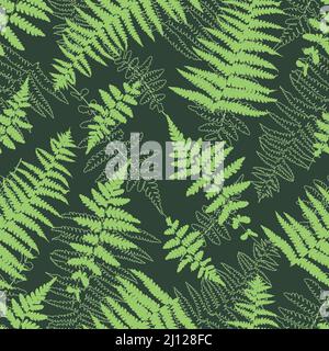 Fern leaf vector seamless pattern. Bracken silhouette and line seamless pattern. Fern leaf vector seamless background Stock Vector