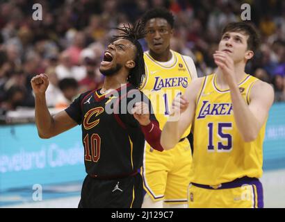 Cleveland, United States. 21st Mar, 2022. Cleveland Cavaliers Darius Garland (10) reacts after being fouled against the Los Angeles Lakers at Rocket Mortgage FieldHouse in Cleveland, Ohio on Monday, March 21, 2022. Photo by Aaron Josefczyk/UPI Credit: UPI/Alamy Live News Stock Photo