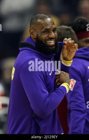 Cleveland, United States. 21st Mar, 2022. Los Angeles Lakers LeBron James (6) has a laugh prior to the Lakers game against the Cleveland Cavaliers at Rocket Mortgage FieldHouse in Cleveland, Ohio on Monday, March 21, 2022. Photo by Aaron Josefczyk/UPI Credit: UPI/Alamy Live News Stock Photo