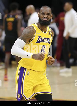 Cleveland, United States. 21st Mar, 2022. Los Angeles Lakers LeBron James (6) reacts after scoring against the Cleveland Cavaliers at Rocket Mortgage FieldHouse in Cleveland, Ohio on Monday, March 21, 2022. Photo by Aaron Josefczyk/UPI Credit: UPI/Alamy Live News Stock Photo