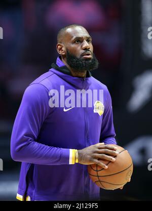 Cleveland, United States. 21st Mar, 2022. Los Angeles Lakers LeBron James (6) warms up for the Lakers game against the Cleveland Cavaliers at Rocket Mortgage FieldHouse in Cleveland, Ohio on Monday, March 21, 2022. Photo by Aaron Josefczyk/UPI Credit: UPI/Alamy Live News Stock Photo