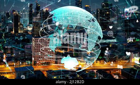 Global connection and the internet network alteration in smart city . Concept of future wireless digital connecting and social media networking . Stock Photo