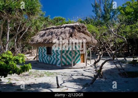 Accommodation on tiny Mystery Island is picture perfect, with sandy pathways that lead to white beaches edged with coconut trees Stock Photo