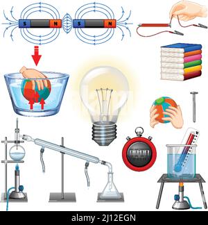 Different science equipments on white background illustration Stock Vector