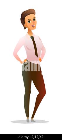 Businesswoman in tie stands with her hands on her hips. Young woman. Pretty girl. Funny person character. Front and back view. Cartoon funny style ill Stock Vector