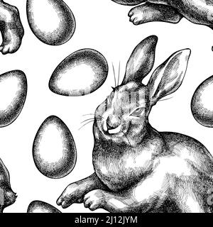 Easter seamless pattern background design. Engraved style. Hand drawn eggs, rabbit. Stock Vector