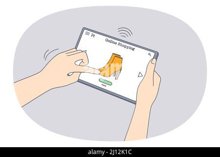 Online shopping and purchase concept. Human hands choosing shoes online on tablet screen making shopping and payment in internet vector illustration  Stock Vector