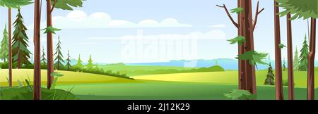 Panoramic view from the coniferous forest to rural fields.. Beautiful summer landscape with trees. Green pines and ate. Illustration in cartoon style Stock Vector