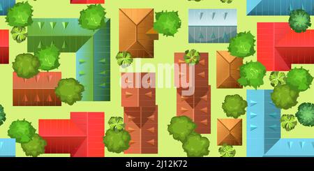 Residential quarter. Seamless pattern. Streets of city. Top View from above. Small town house and road. Map with roads, trees and buildings. Modern ca Stock Vector