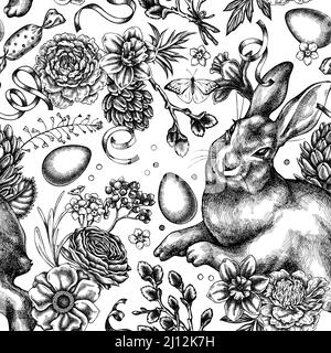Easter seamless pattern background design. Engraved style. Hand drawn rabbit, eggs, willow branches, etc. Stock Vector