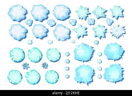 Set of Winter trees for landscape top view. Snowy frosty nature in cold season. From high. Great collection. White drifts of snow. Illustration in car Stock Vector