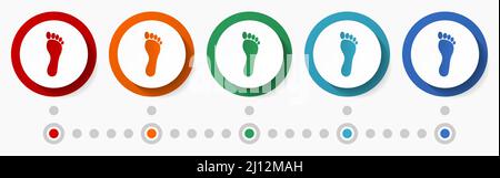 Human foot concept vector icon set, flat design colorful buttons, infographic template in 5 color options Stock Vector