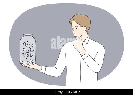 Asking doubt and frustration concept. Young man standing thinking and looking jar full of question marks inside feeling frustrated touching chin vector illustration  Stock Vector