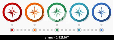 Compass, travel concept vector icon set, flat design colorful buttons, infographic template in 5 color options Stock Vector
