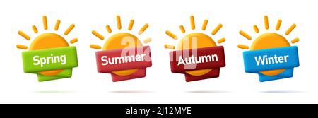 Set of seasonal 3d icon of sun with ribbon around it, label or tags, isolated Stock Vector